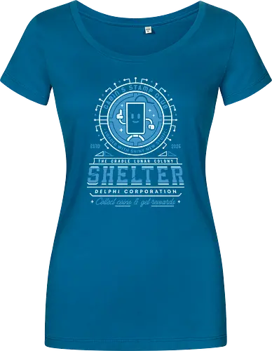 Cabin Coins Stamp Club Emblem - pragmata, diana, hugh, cabin coins, stamp, robot, space, gaming, gamer, video game, lunar, moon, astronaut, science fiction - Women T-Shirt