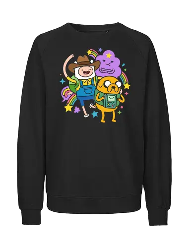 Cartoon: Cowboy Finn & Pals - Cartoon, Finn the Human, Jake the Dog, Cowboy Finn, BMO, Lumpy Space Princess, cartoon doodle art, kawaii anime aesthetic, whimsical adventure shirt, Cartoon Network fan art - Fairtrade Sweatshirt