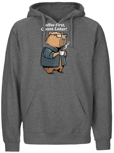 Coffee First Chaos Later - coffee, animal, break, caffeine, caffeine addict, capybara, chaos, coffee lover, cup of coffee, espresso, first coffee, funny capybara, i love coffee, latte, morning - Fairtrade Hoodie