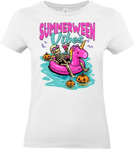 Summerween Vibes - summerween, beach, halloween, holiday, hot ghoul summer, skeleton, spooky, spooky season, summer, summer of love, summer vibes, summertime, summerween skeleton, unicorn, vacation - Standard T-Shirt (Women)