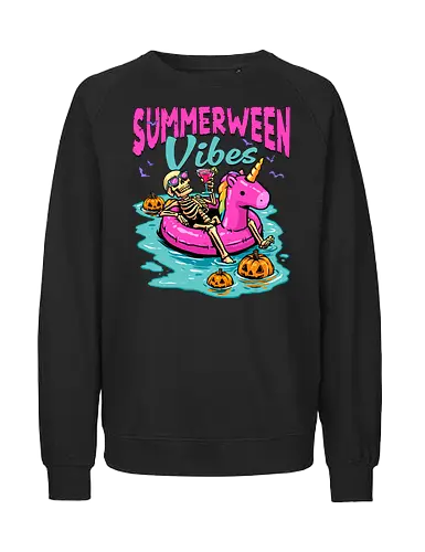 Summerween Vibes - summerween, beach, halloween, holiday, hot ghoul summer, skeleton, spooky, spooky season, summer, summer of love, summer vibes, summertime, summerween skeleton, unicorn, vacation - Fairtrade Sweatshirt