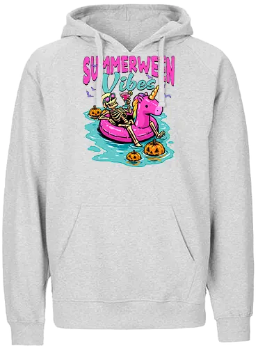 Summerween Vibes - summerween, beach, halloween, holiday, hot ghoul summer, skeleton, spooky, spooky season, summer, summer of love, summer vibes, summertime, summerween skeleton, unicorn, vacation - Fairtrade Hoodie