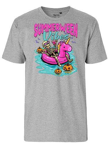 Summerween Vibes - summerween, beach, halloween, holiday, hot ghoul summer, skeleton, spooky, spooky season, summer, summer of love, summer vibes, summertime, summerween skeleton, unicorn, vacation - Fairtrade T-Shirt