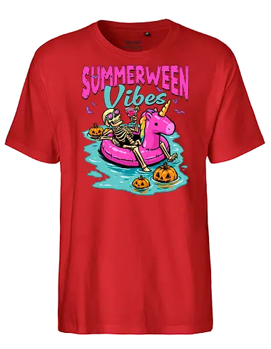 Summerween Vibes - summerween, beach, halloween, holiday, hot ghoul summer, skeleton, spooky, spooky season, summer, summer of love, summer vibes, summertime, summerween skeleton, unicorn, vacation - Fairtrade T-Shirt