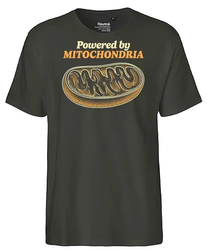Powered by Mitochondria - mitochondria, atp, bacteria, biology, cell biology, chemistry, dna, laboratory, microbiology, mitochondria disease, retro, science, stem, teacher, vintage - Fairtrade T-Shirt