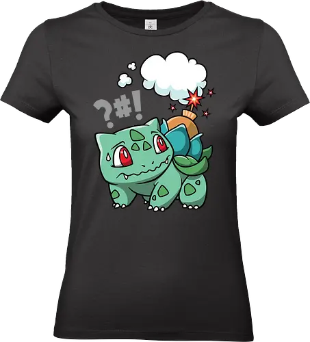BOOOOMBASAUR - Bulbasaur Kunst, Pokémon Kanto, Starter Pokémon, Pflanze Gift Typ, Geek Kleidung, wütender Bulbasaur, Kawaii Kultur, Nerd Humor, Pokémon 001, süßer Streetwear, Geek Geschenk, Ivysaur Venusaur, Pokémon Nostalgie, minimalistischer Cartoon, Bulbasaur Chibi - Standard T-Shirt (Women)