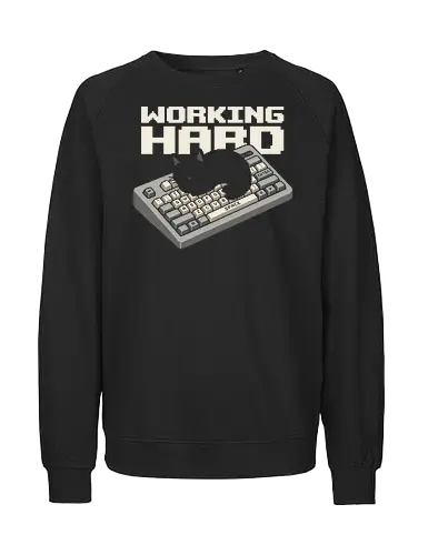 Working Hard - Funny Black Cat on Keyboard Pixel Art - black cat, cat on keyboard, working hard, pixel art, 8 bit, funny cat, sleeping cat, work from home, wfh humor, lazy, retro computer, mechanical keyboard, programmer humor, coder, office humor, sarcastic, cute cat, cat lover, gamer aesthetic, procrastination - Fairtrade Sweatshirt