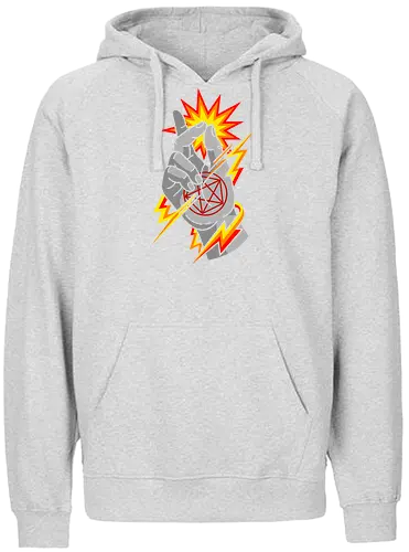 Snap of the Occult: Elemental Magic - Occult pentagram, magic snap, arcane energy, esoteric art, witchy aesthetic, supernatural graphic, dark magic symbol, gothic streetwear, comic book magic, mystical hand sign - Fairtrade Hoodie