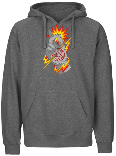 Snap of the Occult: Elemental Magic - Occult pentagram, magic snap, arcane energy, esoteric art, witchy aesthetic, supernatural graphic, dark magic symbol, gothic streetwear, comic book magic, mystical hand sign - Fairtrade Hoodie