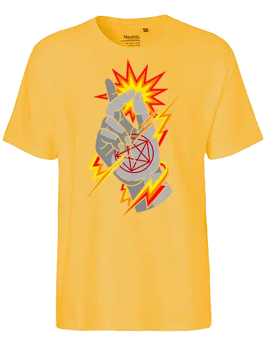 Snap of the Occult: Elemental Magic - Occult pentagram, magic snap, arcane energy, esoteric art, witchy aesthetic, supernatural graphic, dark magic symbol, gothic streetwear, comic book magic, mystical hand sign - Fairtrade T-Shirt