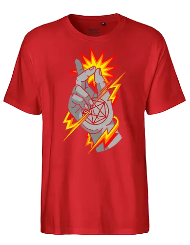 Snap of the Occult: Elemental Magic - Occult pentagram, magic snap, arcane energy, esoteric art, witchy aesthetic, supernatural graphic, dark magic symbol, gothic streetwear, comic book magic, mystical hand sign - Fairtrade T-Shirt