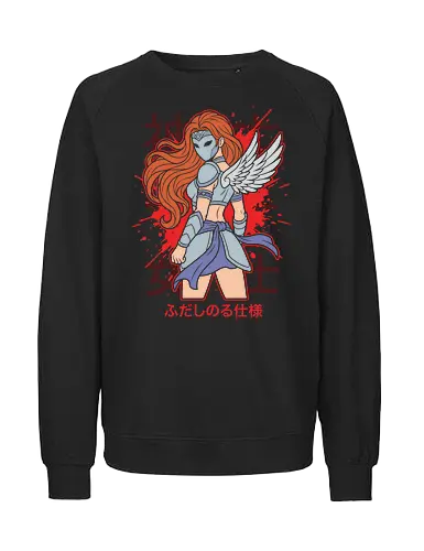 Silver Saint: Crimson Bloodline - Silver Saint, female warrior anime, mythological armor, anime girl with wings, 90s anime aesthetic, Saint Seiya fan art, armored warrior design, Japanese kanji streetwear, shonen jump style, dark fantasy anime art - Fairtrade Sweatshirt