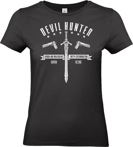 Zertifizierter Dämonenjäger - Vintage Abzeichen - Dämonenjäger, Vintage Abzeichen, Schädelschwert, Doppelpistolen, Gamer Kultur, Nerd Kunst, Dämonenbekämpfung, Retro Badge, Geek Print, Popkultur, Gamer Geschenk, Action Spiel, Hack and Slash, Vintage Design, legendäres Schwert - Standard T-Shirt (Women)