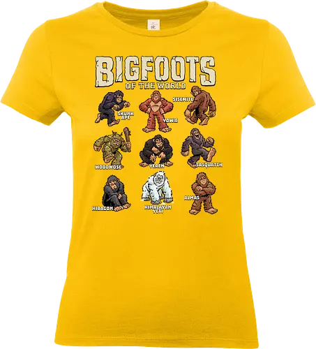 Bigfoots of the World - bigfoot, almas, big foot, creature, cryptid, cryptozoology, hibagon, monster, sasquatch, sisemite, skunk ape, woodwose, yeren, yeti, yowie - Standard T-Shirt (Women)