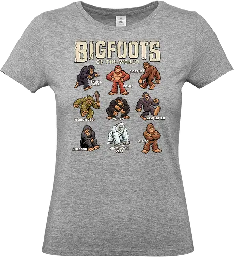 Bigfoots of the World - bigfoot, almas, big foot, creature, cryptid, cryptozoology, hibagon, monster, sasquatch, sisemite, skunk ape, woodwose, yeren, yeti, yowie - Standard T-Shirt (Women)