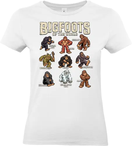 Bigfoots of the World - bigfoot, almas, big foot, creature, cryptid, cryptozoology, hibagon, monster, sasquatch, sisemite, skunk ape, woodwose, yeren, yeti, yowie - Standard T-Shirt (Women)