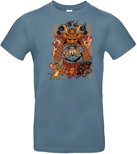 The Ultimate Cat & Mouse Rivalry - samurai cartoon mashup, Japanese cat and mouse tee, funny animation parody, retro 90s cartoon streetwear, samurai armor graphic, nostalgic cartoon merch, traditional Japanese pop art, funny pop culture clothing, classic rivalry apparel - Standard T-Shirt