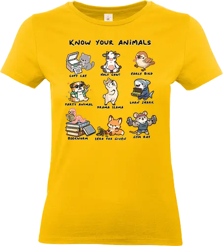 Know Your Animals - animals, animals of the world, bookworm, copy cat, drama llama, early bird, funny, gym rat, holy cow, idiom, joke, loan shark, party animal, sarcastic, zero fox given - Standard T-Shirt (Women)