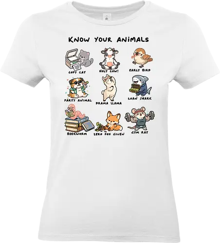 Know Your Animals - animals, animals of the world, bookworm, copy cat, drama llama, early bird, funny, gym rat, holy cow, idiom, joke, loan shark, party animal, sarcastic, zero fox given - Standard T-Shirt (Women)