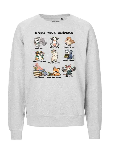 Know Your Animals - animals, animals of the world, bookworm, copy cat, drama llama, early bird, funny, gym rat, holy cow, idiom, joke, loan shark, party animal, sarcastic, zero fox given - Fairtrade Sweatshirt
