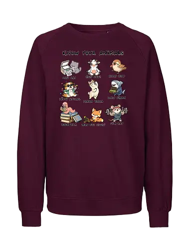 Know Your Animals - animals, animals of the world, bookworm, copy cat, drama llama, early bird, funny, gym rat, holy cow, idiom, joke, loan shark, party animal, sarcastic, zero fox given - Fairtrade Sweatshirt