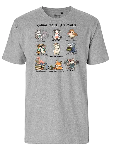 Know Your Animals - animals, animals of the world, bookworm, copy cat, drama llama, early bird, funny, gym rat, holy cow, idiom, joke, loan shark, party animal, sarcastic, zero fox given - Fairtrade T-Shirt