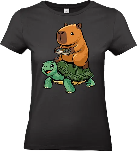 Capybara and Turtle - capybara, animals, cappy, capy, controller, funny, game, gamer, gaming, retro, riding, rodent, tortoise, turtle, video game - Standard T-Shirt (Women)