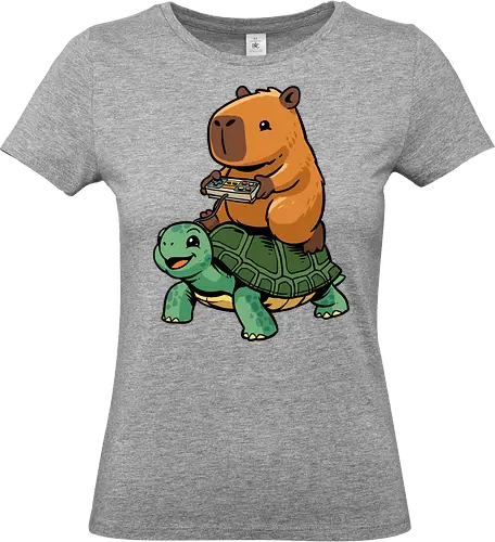 Capybara and Turtle - capybara, animals, cappy, capy, controller, funny, game, gamer, gaming, retro, riding, rodent, tortoise, turtle, video game - Standard T-Shirt (Women)