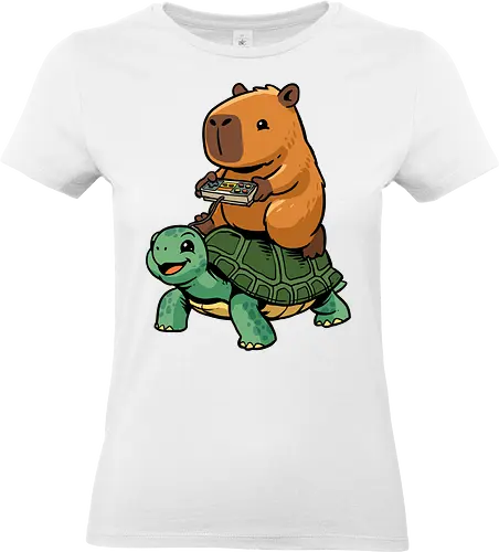Capybara and Turtle - capybara, animals, cappy, capy, controller, funny, game, gamer, gaming, retro, riding, rodent, tortoise, turtle, video game - Standard T-Shirt (Women)