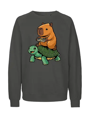 Capybara and Turtle - capybara, animals, cappy, capy, controller, funny, game, gamer, gaming, retro, riding, rodent, tortoise, turtle, video game - Fairtrade Sweatshirt