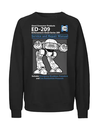 ED-209 - Handbuch des gnadenlosen Droiden - ED-209 T-Shirt, RoboCop, Geek-Kultur, teetan, Sci-Fi-Fans, Nerd-Mode, Geek-Geschenk, ikonischer Roboter, Popkultur-Mode, ED-209 Design, RoboCop-Tribut, Sci-Fi-Nostalgie, Klassiker-Kino, RoboCop-Merch, futuristischer Stil - Fairtrade Sweatshirt