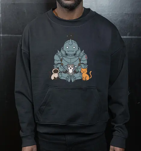 The Gentle Giant: Alphonse's Kawaii Kittens - Fullmetal Alchemist shirt, Alphonse Elric merch, kawaii anime clothing, cute anime cat tee, FMA Brotherhood apparel, chibi anime streetwear, cat lover graphic shirt, wholesome otaku merch, anime stray cats design, minimalist anime apparel - Cropped Sweatshirt