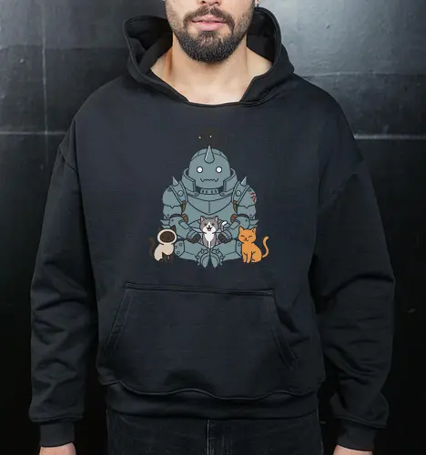 The Gentle Giant: Alphonse's Kawaii Kittens - Fullmetal Alchemist shirt, Alphonse Elric merch, kawaii anime clothing, cute anime cat tee, FMA Brotherhood apparel, chibi anime streetwear, cat lover graphic shirt, wholesome otaku merch, anime stray cats design, minimalist anime apparel - Cropped Hoodie