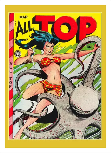Vintage Pin-Up Kriegerin Oktopus Retro 1940er Comic