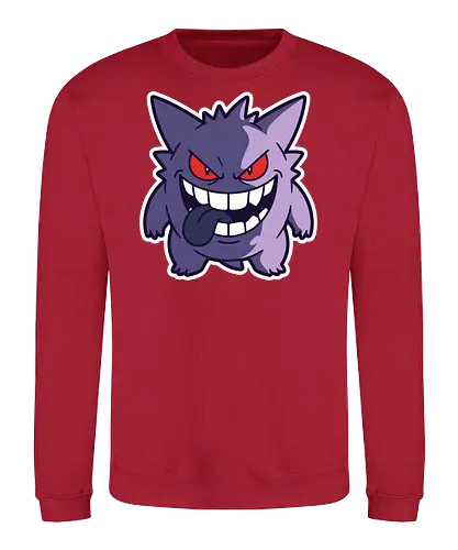 Sinister Shadow - Gengar shirt, ghost type monster merch, creepy anime graphic, edgy gamer streetwear, spooky pocket monster, purple phantom tee, retro gaming apparel, sinister grin design, Halloween gamer clothing, nostalgic anime streetwear - Sweatshirt