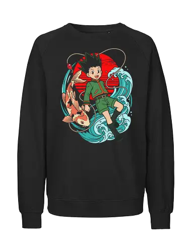 Retro Koi Wave - Gon Freecss shirt, Hunter anime merch, retro anime streetwear, Japanese wave graphic tee, koi fish aesthetic apparel, rookie hunter clothing, shonen manga design, otaku pop art shirt, anime fishing graphic, vintage aesthetic anime tee - Fairtrade Sweatshirt