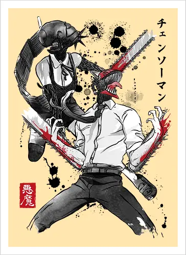 Chainsaw and bomb girl sumi e - anime, manga, japan, japanese art, Chainsaw, reze, cosplay, otaku - Artprint