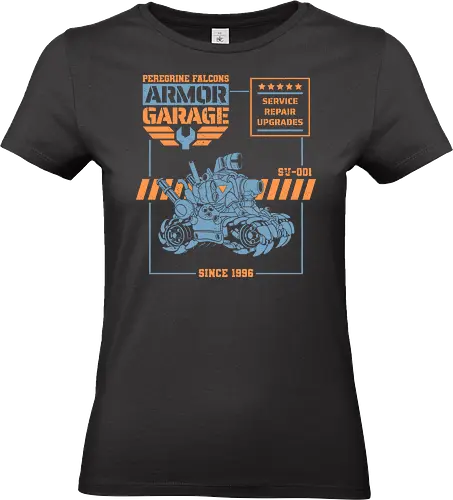 Peregrine Falcons Armor Garage - metal slug, 90s, arcade, army, gamer, gaming, garage, geek, military, neo geo, nostalgia, old school, retro, vintage, mech - Standard T-Shirt (Women)