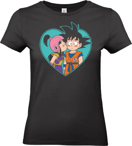 Saiyan Sweethearts: The First Kiss - cute anime couple merch, kid Goku graphic tee, kawaii anime streetwear, retro anime romance, otaku couple clothing, nostalgic shonen design, anime Valentine shirt, Saiyan sweethearts - Standard T-Shirt (Women)