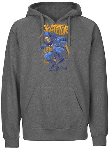Skatetor – Skateboarding-Skeletor: Retro-Cartoon-Mashup - Skatetor, Skateboarding, Skateboarder, Retro-Cartoon, 80er-Jahre-Cartoon, Mashup, Vintage, Metallkunst, Totenkopf, Totenkopfkunst, Skateboard-Design, Skate-Art - Fairtrade Hoodie
