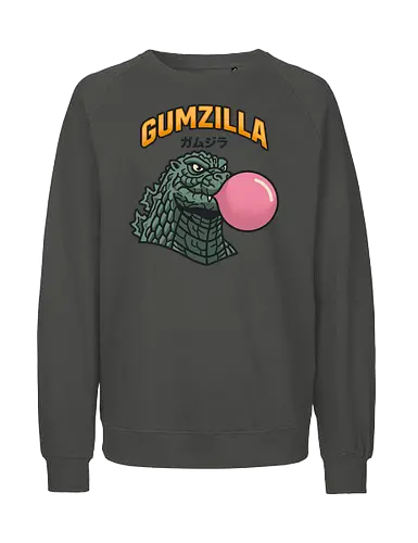 Retro Gumzilla Kaiju-Kaugummi-Parodie - Gumzilla, Kaiju, Kaugummi, rosa Blase, Kaugummiblase, Monster, Retro-Cartoon, Vintage-Maskottchen, Monster-Mashup, Riesenmonster, Katakana, Gamu-jira, süßes Monster - Fairtrade Sweatshirt
