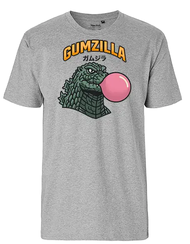 Retro Gumzilla Kaiju-Kaugummi-Parodie - Gumzilla, Kaiju, Kaugummi, rosa Blase, Kaugummiblase, Monster, Retro-Cartoon, Vintage-Maskottchen, Monster-Mashup, Riesenmonster, Katakana, Gamu-jira, süßes Monster - Fairtrade T-Shirt