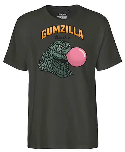 Retro Gumzilla Kaiju-Kaugummi-Parodie - Gumzilla, Kaiju, Kaugummi, rosa Blase, Kaugummiblase, Monster, Retro-Cartoon, Vintage-Maskottchen, Monster-Mashup, Riesenmonster, Katakana, Gamu-jira, süßes Monster - Fairtrade T-Shirt