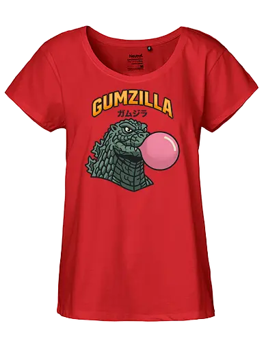 Retro Gumzilla Kaiju-Kaugummi-Parodie - Gumzilla, Kaiju, Kaugummi, rosa Blase, Kaugummiblase, Monster, Retro-Cartoon, Vintage-Maskottchen, Monster-Mashup, Riesenmonster, Katakana, Gamu-jira, süßes Monster - Fairtrade Girl Shirt