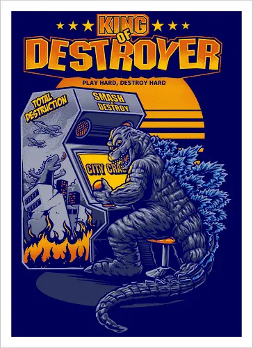 Kaiju-Monster beim Arcade-Videospiel – „City Crash“-Kunst