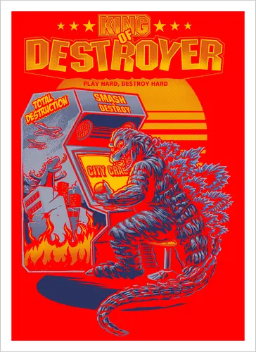 Kaiju-Monster beim Arcade-Videospiel – „City Crash“-Kunst
