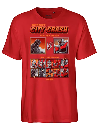 Kaiju vs. Mecha – Retro-Arcade-Kampfspiel - Kaiju vs. Mecha, Arcade-Kampfspiel, Wähle deinen Kämpfer, Retro-Gaming, Riesenmonster, Super-Roboter, Tokusatsu, Mecha-Anime, Retro-Arcade, Kampfspiel, Kaiju, Godzilla-Parodie, Retro-Gamer, Japanischer Roboter, 90er-Jahre-Arcade - Fairtrade T-Shirt