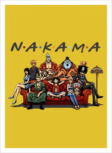Nakama-Freunde-Parodie – Pirate: Strohhutpiraten auf der Couch - Pirate, Straw Hat Pirates, Nakama, Friends TV Show Parody, The One With The Pirates, Roronoa Zoro, Nami, Sanji, Tony Tony Chopper, Nico Robin, Franky, Brook, Jinbe, Anime Crossover, Funny Anime, Sitcom Couch, Orange Couch, 90s Nostalgia, Pop Culture Mashup, Weeb, Otaku, Anime Streetwear, Grand Line, Anime Family - Artprint