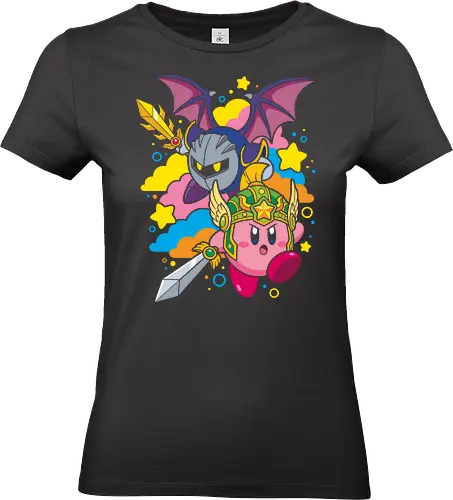 Dreamland Defenders: The Pink Hero & The Dark Knight - Kirby graphic shirt, Meta Knight apparel, kawaii gaming tee, Dreamland defenders merch, Smash Bros clothing, pink puffball design, pastel pop art gamer shirt, classic platformer tee, Sword ability Kirby, retro Console streetwear - Standard T-Shirt (Women)