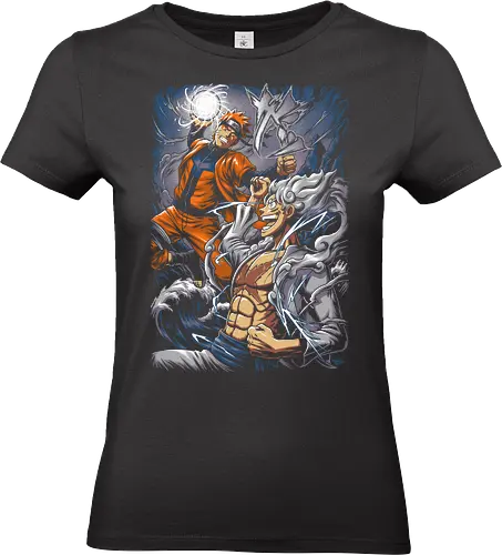 Shinobi gegen pirate – Gear 5: Anime-Kampf-Crossover - Naruto gegen Luffy, Luffy im Gear 5, Anime-Kampf, Anime-Crossover, Shonen-Anime, Naruto Uzumaki, Monkey D. Luffy, epischer Anime-Kampf, Ninja gegen Pirat, Manga-Kunst, Otaku, Anime-Mashup, Anime-Rivalität, Rasengan, Sonnengott Nika - Standard T-Shirt (Women)